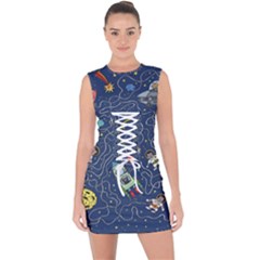 Cat Cosmos Cosmonaut Rocket Lace Up Front Bodycon Dress by Cowasu