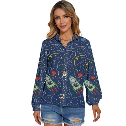 Cat Cosmos Cosmonaut Rocket Women s Long Sleeve Button Up Shirt by Cowasu