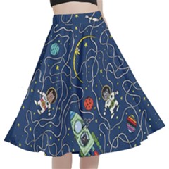 Cat Cosmos Cosmonaut Rocket A-line Full Circle Midi Skirt With Pocket by Cowasu