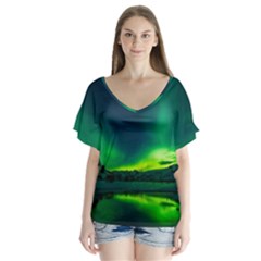 Iceland Aurora Borealis V-neck Flutter Sleeve Top by Cowasu