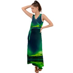 Iceland Aurora Borealis V-neck Chiffon Maxi Dress by Cowasu