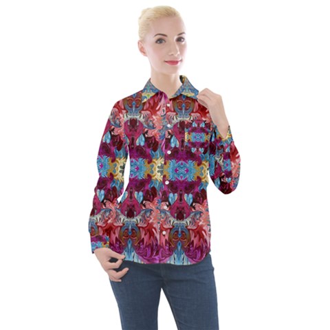 Roses Liquify  Women s Long Sleeve Pocket Shirt by kaleidomarblingart