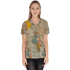 Vintage World Map Women s V-neck Scrub Top by Cowasu