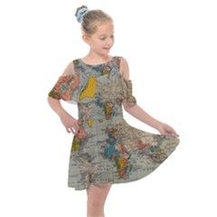 Vintage World Map Kids  Shoulder Cutout Chiffon Dress by Cowasu