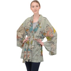 Vintage World Map Long Sleeve Velvet Kimono  by Cowasu