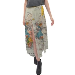 Vintage World Map Velour Split Maxi Skirt by Cowasu