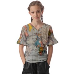 Vintage World Map Kids  V-neck Horn Sleeve Blouse by Cowasu