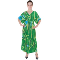 Golf Course Par Golf Course Green V-neck Boho Style Maxi Dress by Cowasu