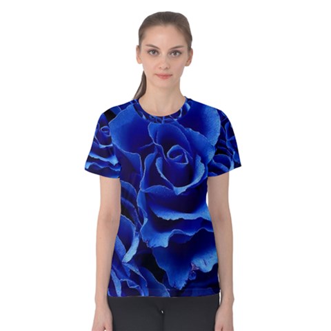 Blue Roses Flowers Plant Romance Blossom Bloom Nature Flora Petals Women s Cotton Tee by Cowasu