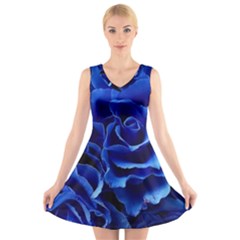 Blue Roses Flowers Plant Romance Blossom Bloom Nature Flora Petals V-neck Sleeveless Dress by Cowasu