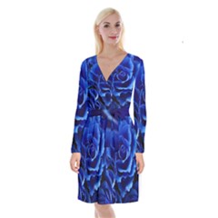 Blue Roses Flowers Plant Romance Blossom Bloom Nature Flora Petals Long Sleeve Velvet Front Wrap Dress by Cowasu