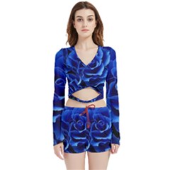 Blue Roses Flowers Plant Romance Blossom Bloom Nature Flora Petals Velvet Wrap Crop Top And Shorts Set by Cowasu