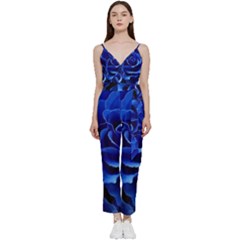 Blue Roses Flowers Plant Romance Blossom Bloom Nature Flora Petals V-neck Spaghetti Strap Tie Front Jumpsuit by Cowasu