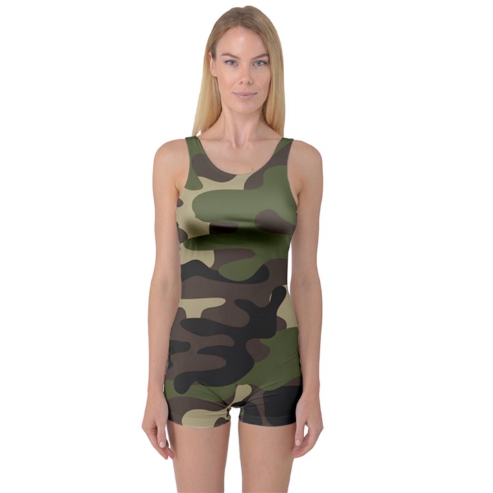 Texture Military Camouflage Repeats Seamless Army Green Hunting One Piece Boyleg Swimsuit