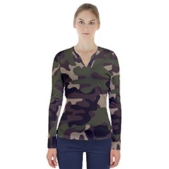 Texture Military Camouflage Repeats Seamless Army Green Hunting V-neck Long Sleeve Top by Cowasu