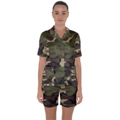 Texture Military Camouflage Repeats Seamless Army Green Hunting Satin Short Sleeve Pajamas Set by Cowasu