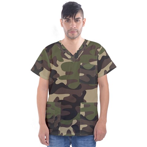 Texture Military Camouflage Repeats Seamless Army Green Hunting Men s V-neck Scrub Top by Cowasu