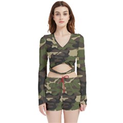 Texture Military Camouflage Repeats Seamless Army Green Hunting Velvet Wrap Crop Top And Shorts Set by Cowasu