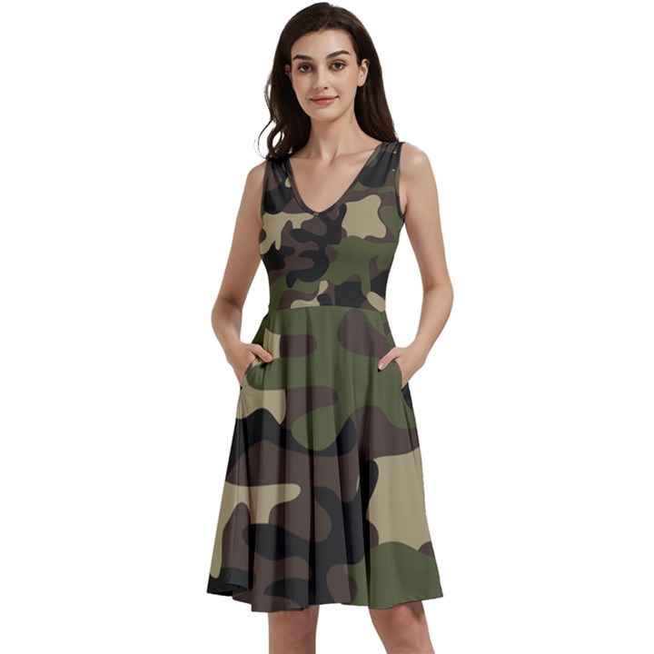 Texture Military Camouflage Repeats Seamless Army Green Hunting Sleeveless V-neck skater dress