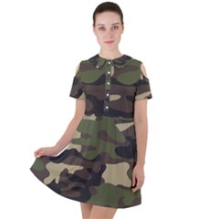 Texture Military Camouflage Repeats Seamless Army Green Hunting Short Sleeve Shoulder Cut Out Dress  by Cowasu