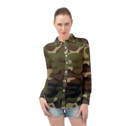 Texture Military Camouflage Repeats Seamless Army Green Hunting Long Sleeve Chiffon Shirt by Cowasu