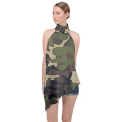 Texture Military Camouflage Repeats Seamless Army Green Hunting Halter Asymmetric Satin Top by Cowasu