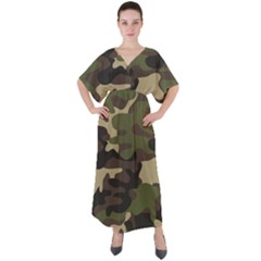 Texture Military Camouflage Repeats Seamless Army Green Hunting V-neck Boho Style Maxi Dress by Cowasu