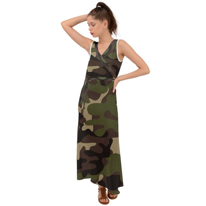 Texture Military Camouflage Repeats Seamless Army Green Hunting V-Neck Chiffon Maxi Dress