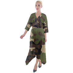 Texture Military Camouflage Repeats Seamless Army Green Hunting Quarter Sleeve Wrap Front Maxi Dress by Cowasu