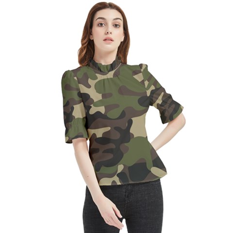 Texture Military Camouflage Repeats Seamless Army Green Hunting Frill Neck Blouse by Cowasu