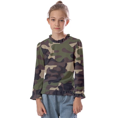 Texture Military Camouflage Repeats Seamless Army Green Hunting Kids  Frill Detail Tee by Cowasu