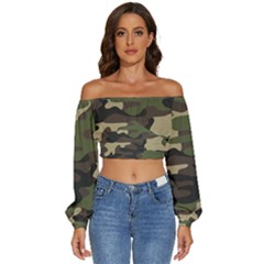 Texture Military Camouflage Repeats Seamless Army Green Hunting Long Sleeve Crinkled Weave Crop Top by Cowasu