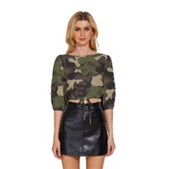 Texture Military Camouflage Repeats Seamless Army Green Hunting Mid Sleeve Drawstring Hem Top by Cowasu