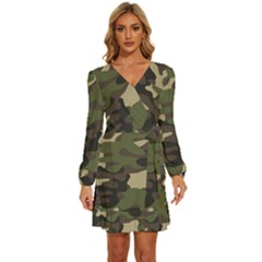 Texture Military Camouflage Repeats Seamless Army Green Hunting Long Sleeve Waist Tie Ruffle Velvet Dress by Cowasu