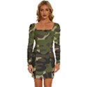 Texture Military Camouflage Repeats Seamless Army Green Hunting Long Sleeve Square Neck Bodycon Velvet Dress View1