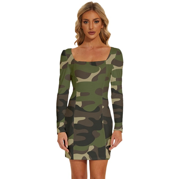 Texture Military Camouflage Repeats Seamless Army Green Hunting Long Sleeve Square Neck Bodycon Velvet Dress