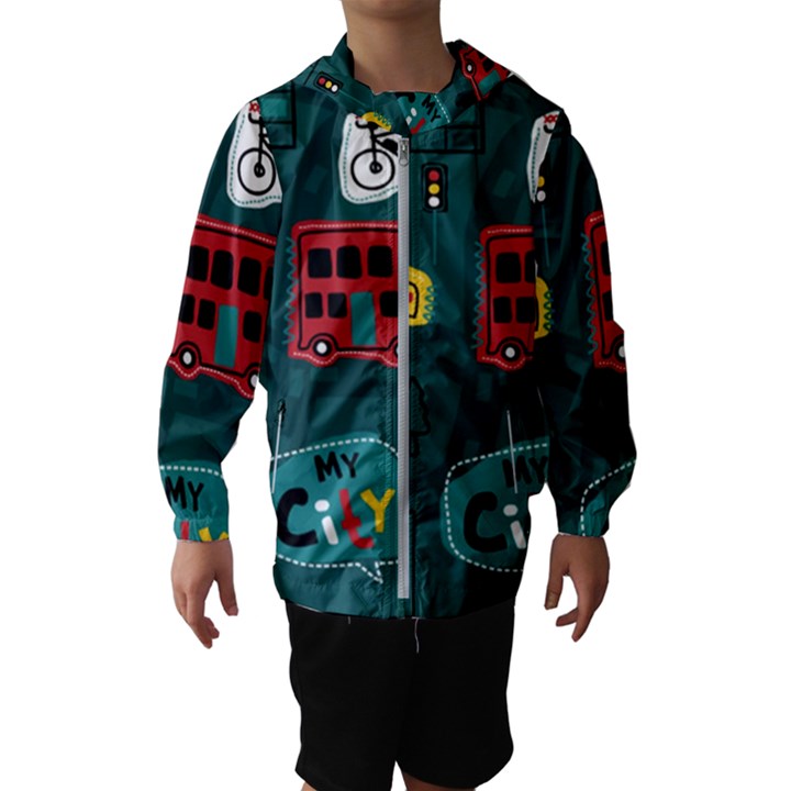 Seamless Pattern With Vehicles Building Road Kids  Hooded Windbreaker