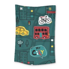 Seamless Pattern With Vehicles Building Road Small Tapestry by Cowasu