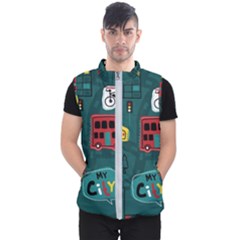 Seamless Pattern With Vehicles Building Road Men s Puffer Vest by Cowasu