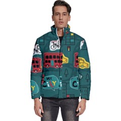 Seamless Pattern With Vehicles Building Road Men s Puffer Bubble Jacket Coat by Cowasu