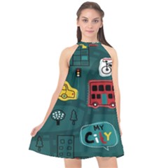 Seamless Pattern With Vehicles Building Road Halter Neckline Chiffon Dress  by Cowasu