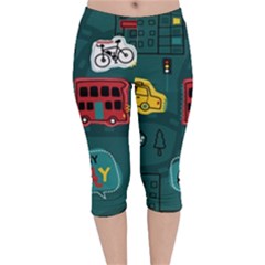 Seamless Pattern With Vehicles Building Road Velvet Capri Leggings  by Cowasu