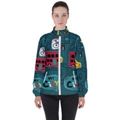 Seamless Pattern With Vehicles Building Road Women s High Neck Windbreaker by Cowasu