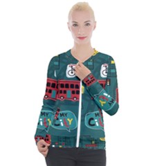 Seamless Pattern With Vehicles Building Road Casual Zip Up Jacket by Cowasu