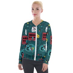 Seamless Pattern With Vehicles Building Road Velvet Zip Up Jacket by Cowasu