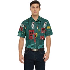 Seamless Pattern With Vehicles Building Road Men s Short Sleeve Pocket Shirt  by Cowasu