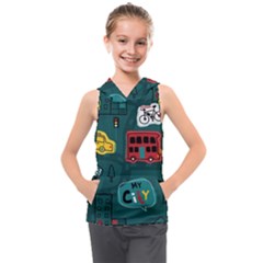 Seamless Pattern With Vehicles Building Road Kids  Sleeveless Hoodie by Cowasu