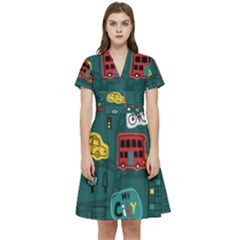 Seamless Pattern With Vehicles Building Road Short Sleeve Waist Detail Dress by Cowasu