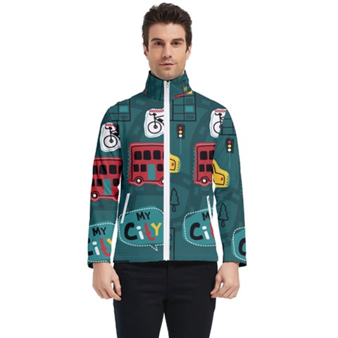 Seamless Pattern With Vehicles Building Road Men s Bomber Jacket by Cowasu