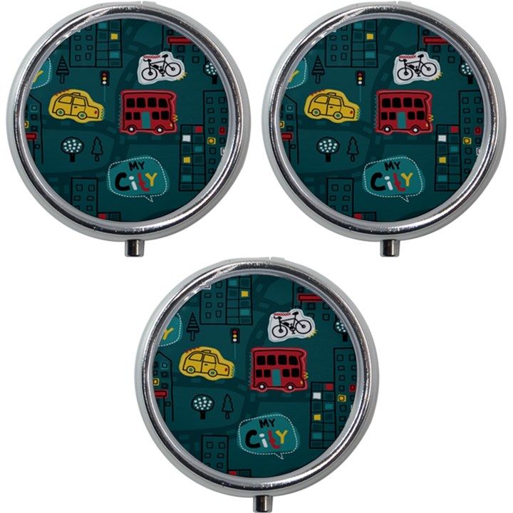 Seamless Pattern With Vehicles Building Road Mini Round Pill Box (Pack of 3)